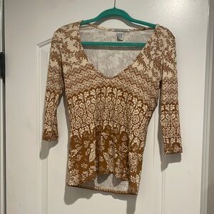 Women's Floral V-Neck Top - Brown and Cream